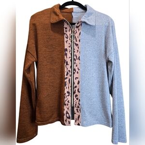 Leopard Accent V-Neck Sweater - Brown, Pink, and Gray